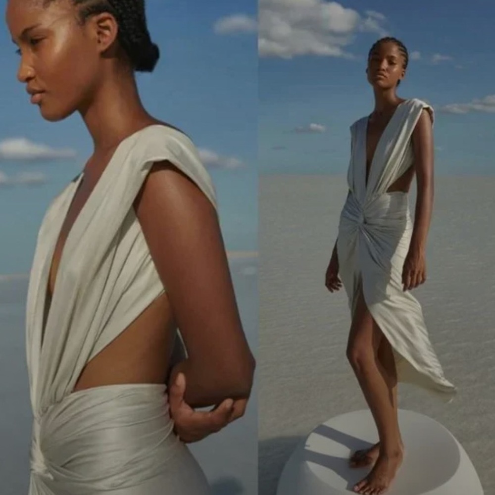 Baobab Mia Plunge V-Neck Gathered Midi Sheath Dress in Ivory, NWT